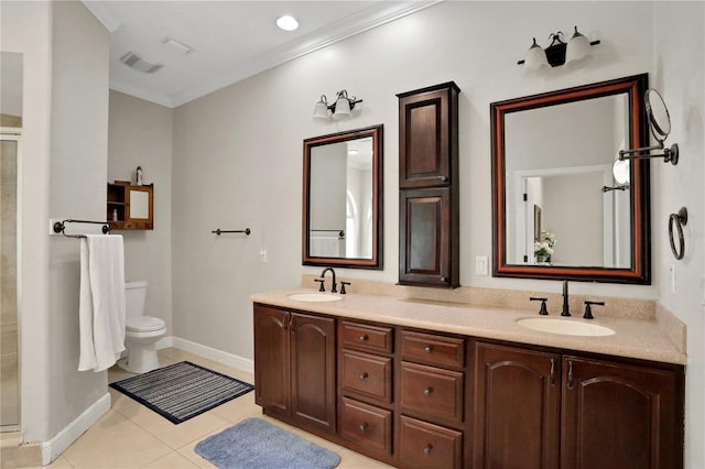 8608 Poinsettia Dr, Temple Terrace, FL 33637 - bathroom featuring dual bowl vanity, toilet, tile flooring, and crown molding