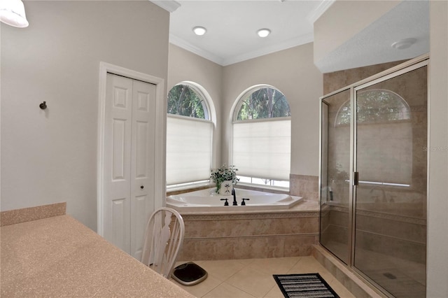 8608 Poinsettia Dr, Temple Terrace, FL 33637 - bathroom featuring crown molding, tile floors, and plus walk in shower