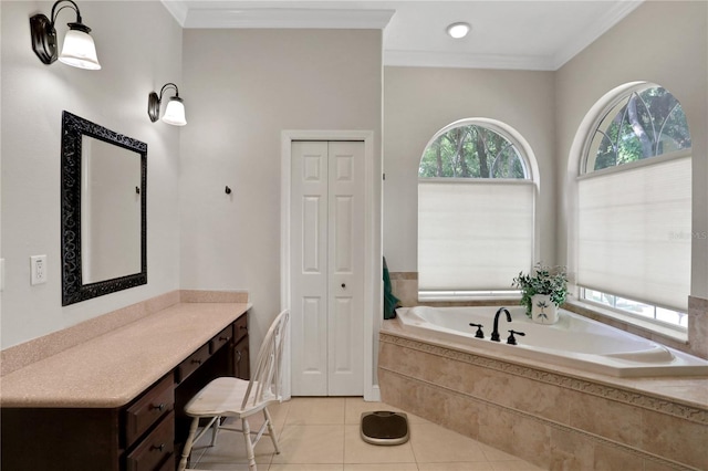 8608 Poinsettia Dr, Temple Terrace, FL 33637 - bathroom with crown molding, tiled tub, vanity, and tile flooring