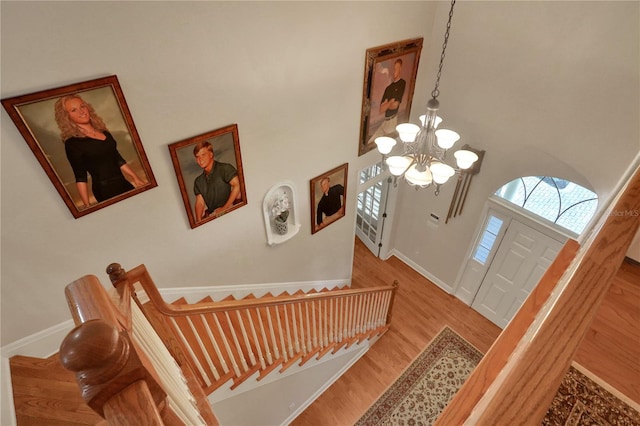 8608 Poinsettia Dr, Temple Terrace, FL 33637 - foyer entrance with a notable chandelier, a high ceiling, and hardwood / wood-style flooring