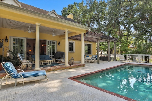 8608 Poinsettia Dr, Temple Terrace, FL 33637 - view of swimming pool featuring a pergola, ceiling fan, and a patio area