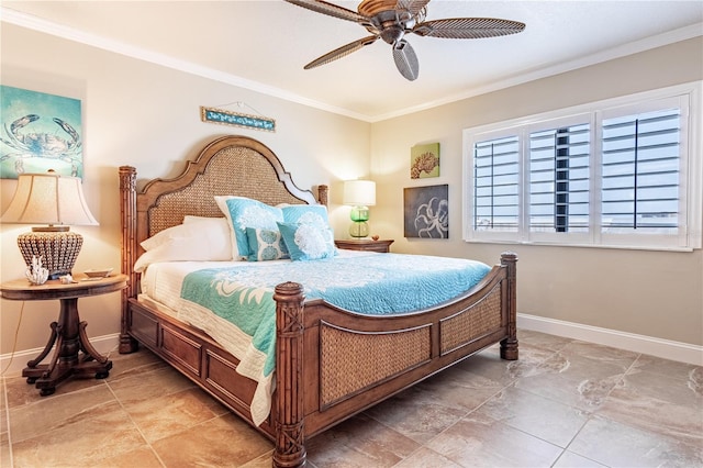 bedroom featuring ceiling fan and ornamental molding