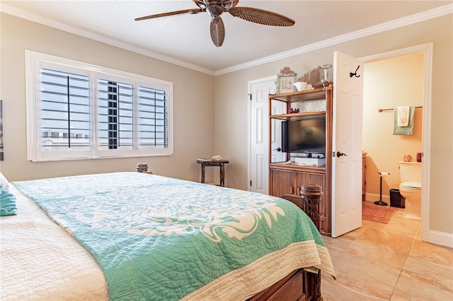 tiled bedroom with ceiling fan, crown molding, and connected bathroom