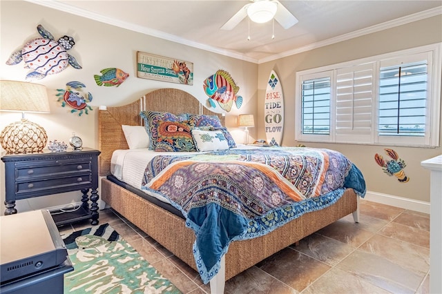 bedroom featuring ceiling fan and ornamental molding