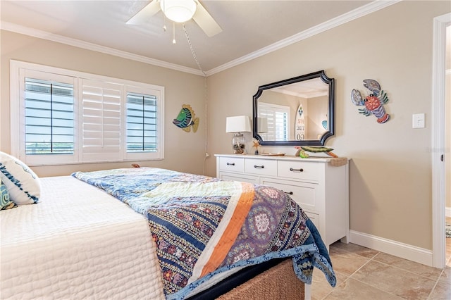 bedroom featuring multiple windows, ceiling fan, light tile patterned floors, and ornamental molding