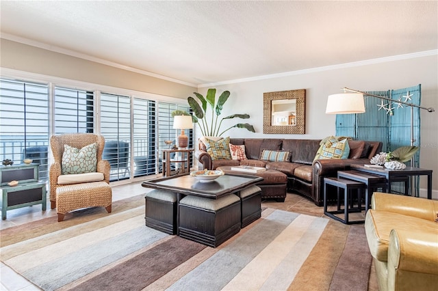 living room with crown molding and a healthy amount of sunlight