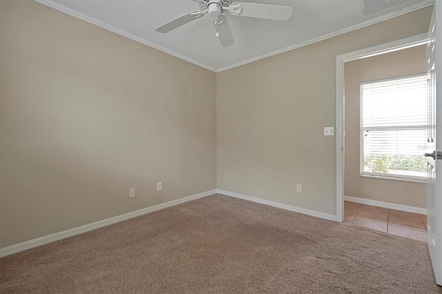 unfurnished room featuring crown molding, carpet flooring, and ceiling fan