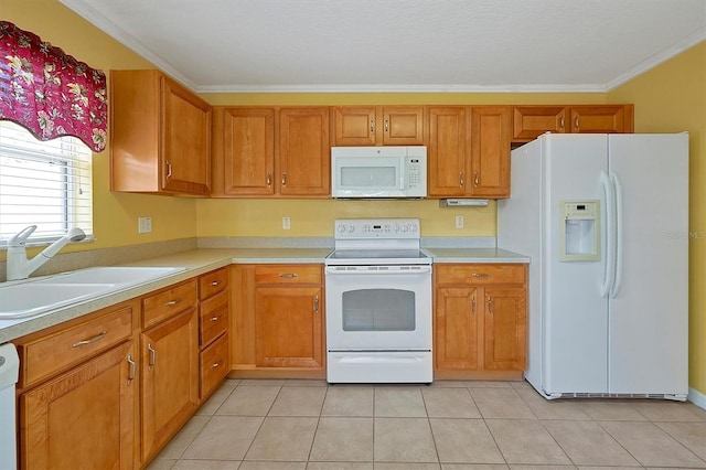 kitchen with sink, ornamental molding, white appliances, and light tile floors