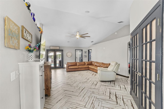 living room with baseboards, visible vents, a ceiling fan, lofted ceiling, and french doors