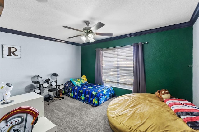 carpeted bedroom with a textured ceiling and crown molding