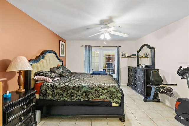 bedroom with french doors, ceiling fan, and light tile flooring