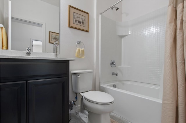 full bathroom with tile floors, shower / bath combination with curtain, vanity, and toilet