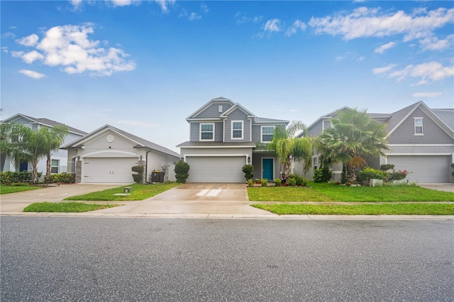 view of front of house featuring a garage, a front lawn, and central air condition unit