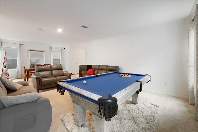 rec room with ornamental molding, light colored carpet, and pool table