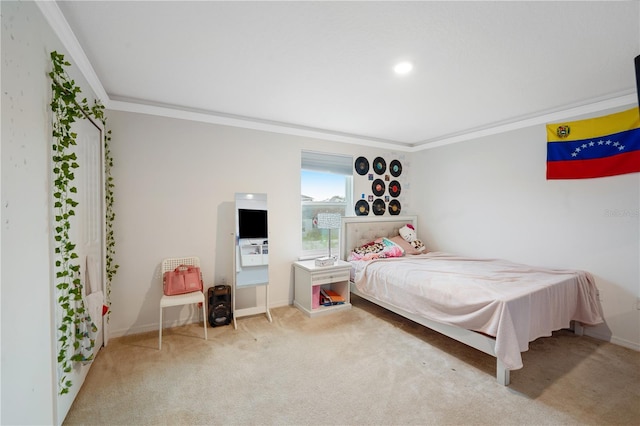 carpeted bedroom with crown molding