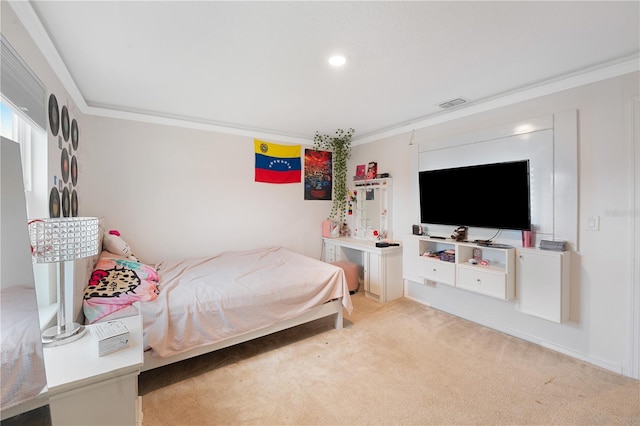 carpeted bedroom featuring crown molding