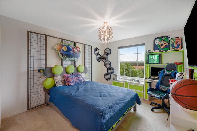 bedroom featuring light carpet and a notable chandelier