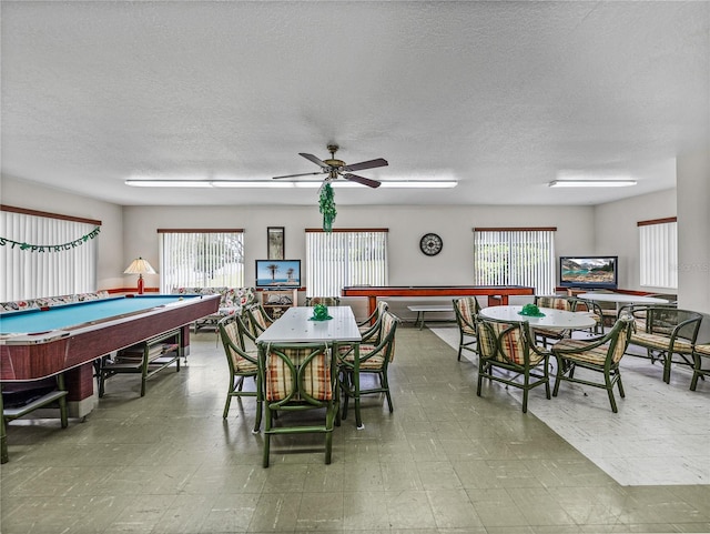 playroom featuring tile flooring, billiards, a textured ceiling, and ceiling fan