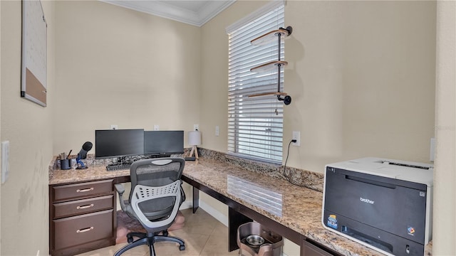 office area featuring ornamental molding and light tile patterned floors