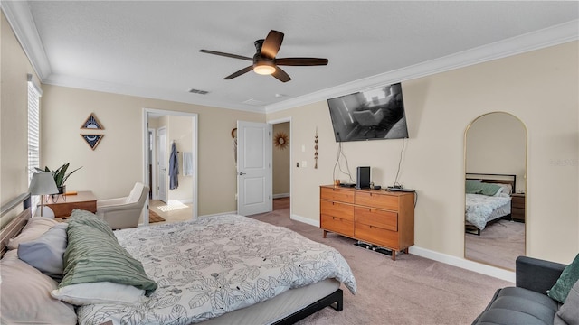 bedroom featuring ceiling fan, carpet, and crown molding