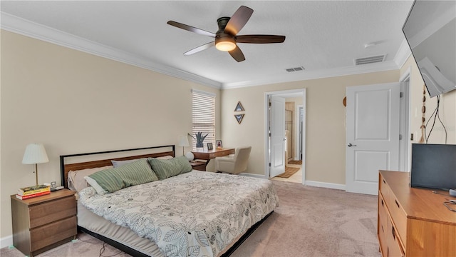 bedroom with ceiling fan, crown molding, and light colored carpet