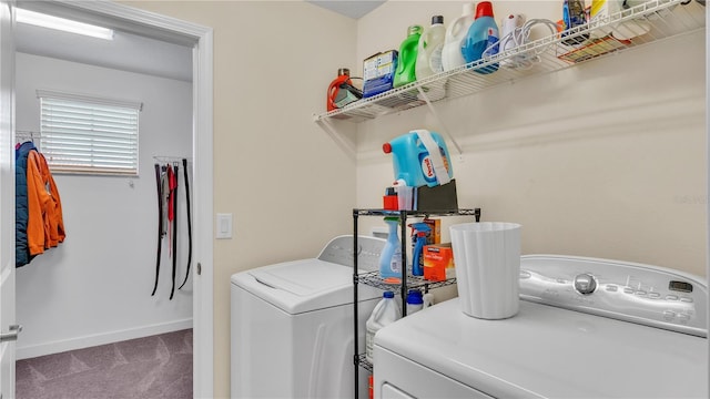 washroom with carpet flooring and separate washer and dryer