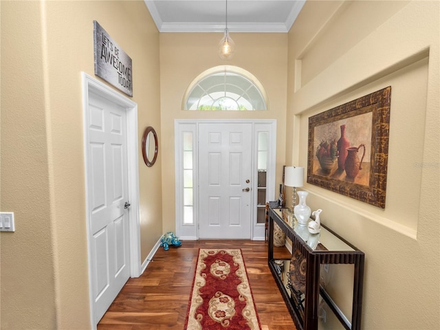 entrance foyer featuring dark hardwood / wood-style flooring and ornamental molding