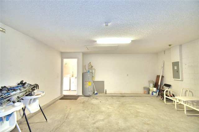 interior space with electric water heater, electric panel, independent washer and dryer, a textured ceiling, and concrete floors