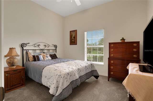 bedroom with light colored carpet and ceiling fan