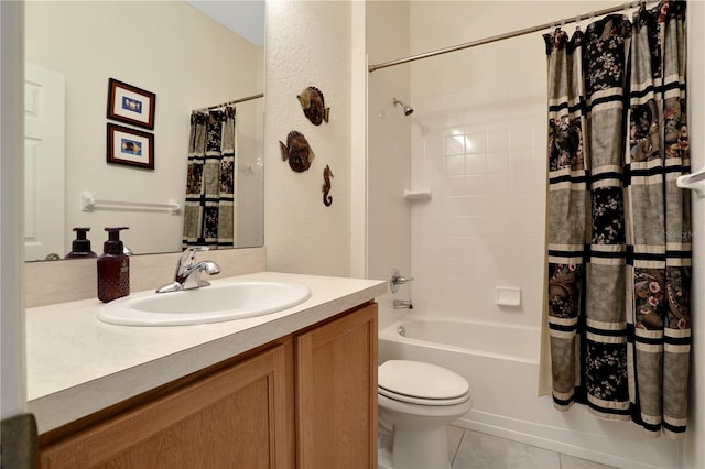 full bathroom with tile patterned flooring, vanity, shower / tub combo with curtain, and toilet