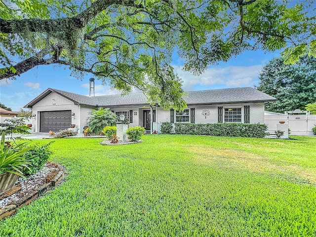 single story home with a garage and a front lawn