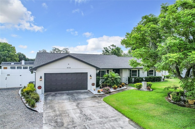 ranch-style house featuring a garage and a front lawn