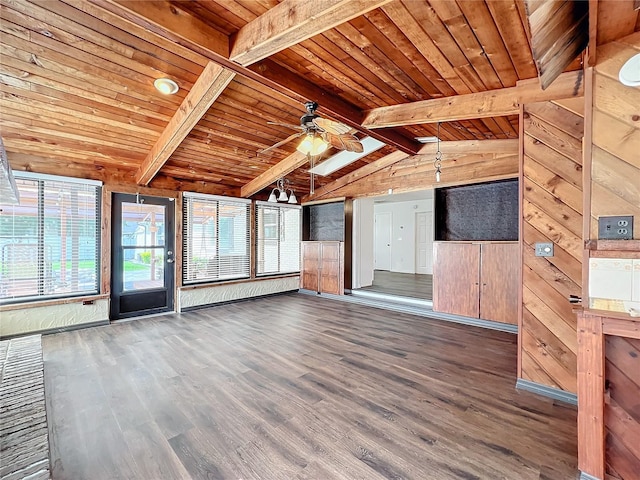 unfurnished living room with wooden walls, ceiling fan, dark wood-type flooring, and wooden ceiling