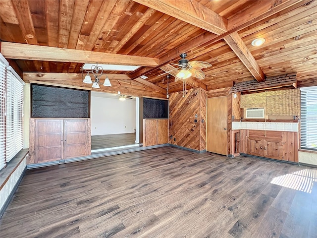 unfurnished living room with ceiling fan, wooden ceiling, lofted ceiling with beams, dark hardwood / wood-style floors, and wooden walls