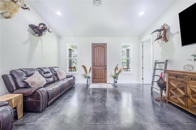 living room featuring plenty of natural light and vaulted ceiling