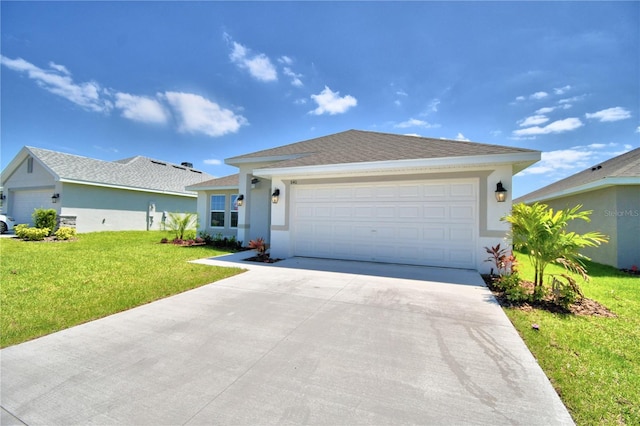 ranch-style house featuring a front yard and a garage