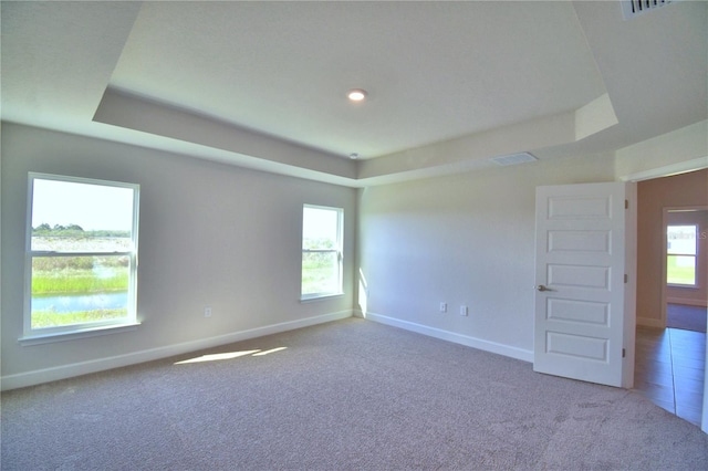 carpeted spare room with a raised ceiling