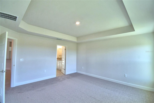 carpeted spare room with a raised ceiling