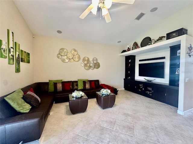 living room featuring tile patterned flooring and ceiling fan