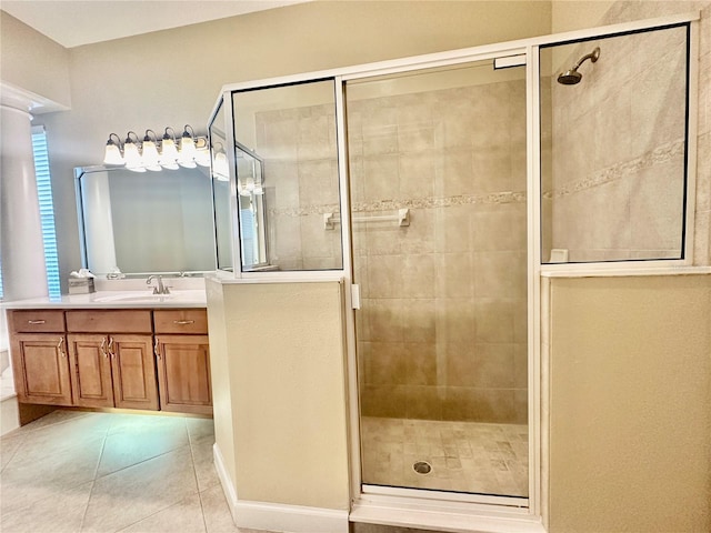 bathroom featuring tile patterned flooring, vanity, and a shower with door