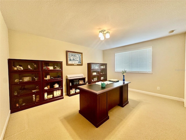 office with light colored carpet and a textured ceiling