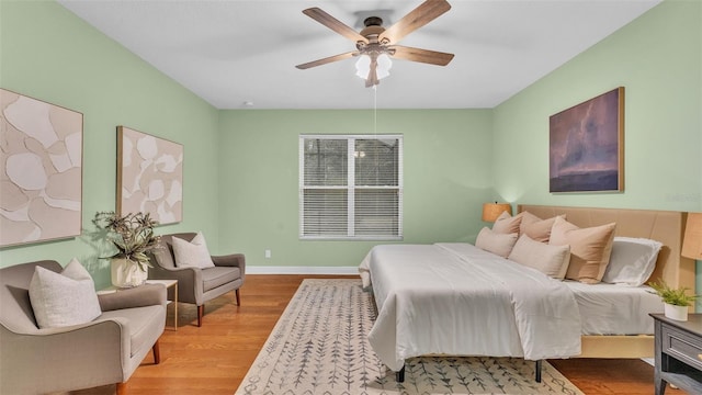 bedroom featuring ceiling fan and light wood-type flooring