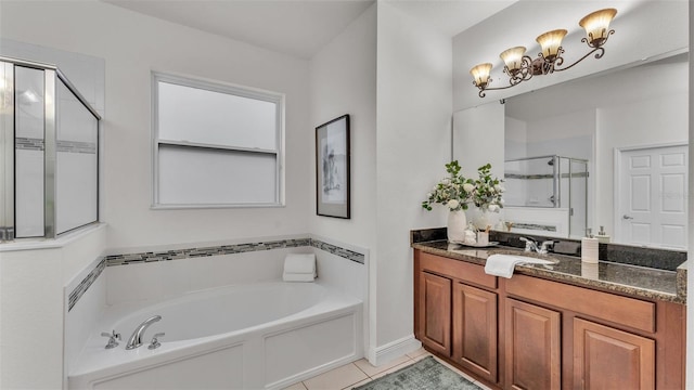 bathroom with vanity, separate shower and tub, and tile patterned floors