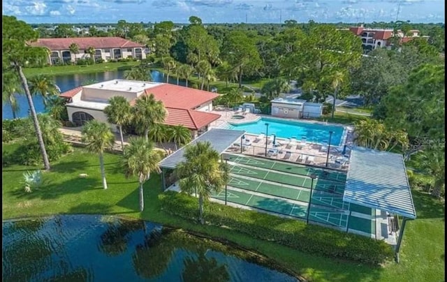 aerial view featuring a water view