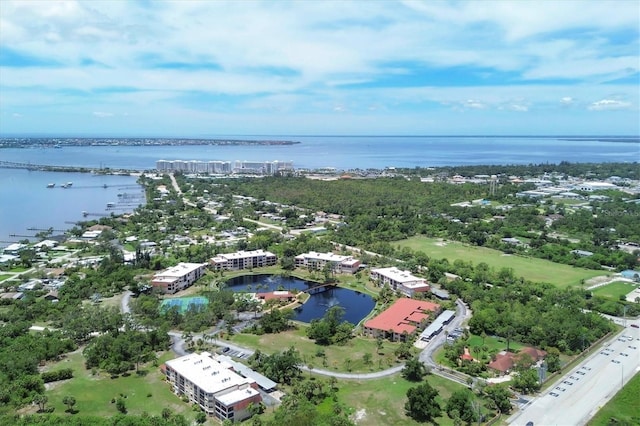 drone / aerial view with a water view