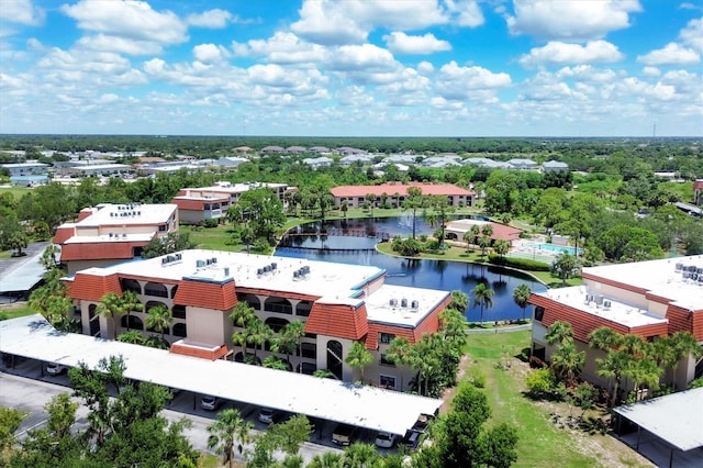 drone / aerial view with a water view