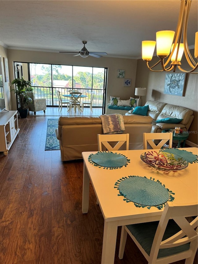 dining room featuring ceiling fan with notable chandelier and dark hardwood / wood-style flooring