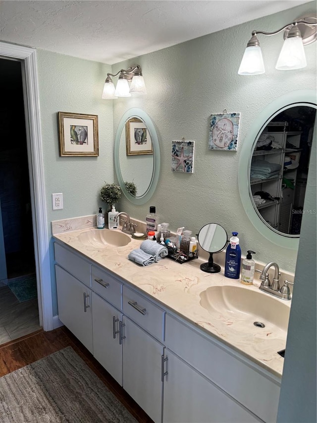 bathroom with vanity and hardwood / wood-style flooring