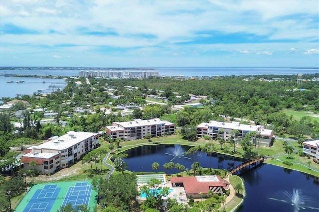 drone / aerial view with a water view