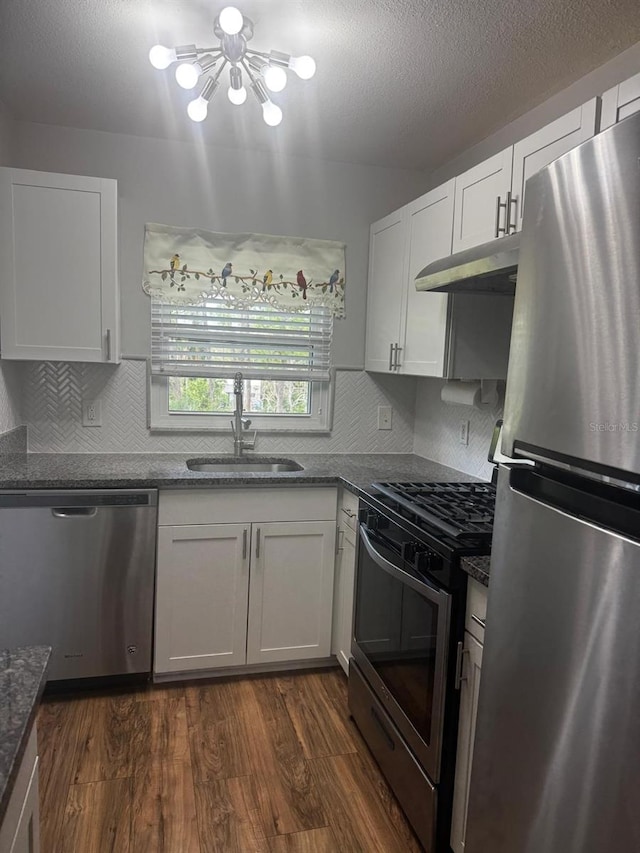 kitchen featuring under cabinet range hood, dark wood-type flooring, a sink, white cabinetry, and appliances with stainless steel finishes